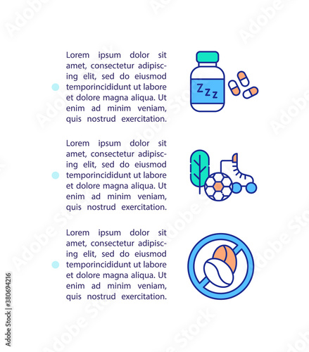 Insomnia treatment concept icon with text. Sleeplessness prevention. Sleeping pills, sport and no coffee. PPT page vector template. Brochure, magazine, booklet design element with linear illustrations
