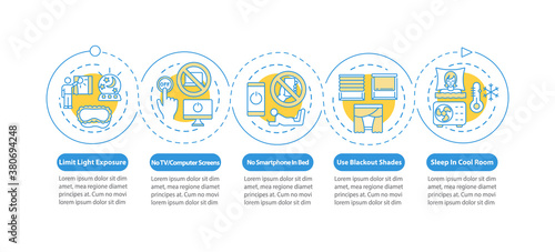 Better sleep recommendation vector infographic template. Healthcare presentation design elements. Data visualization with 5 steps. Process timeline chart. Workflow layout with linear icons