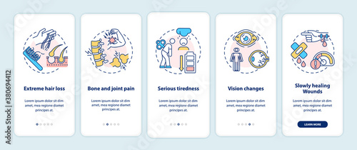 Vitamin deficiency symptoms onboarding mobile app page screen with concepts. Hair loss, joint pain, tiredness walkthrough 5 steps graphic instructions. UI vector template with RGB color illustrations