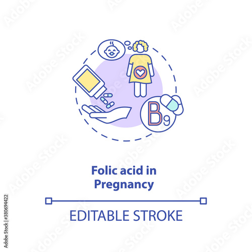 Folic acid in pregnancy concept icon. Needed supplement idea thin line illustration. Vitamins and minerals. Pregnant woman. Risk reducing. Vector isolated outline RGB color drawing. Editable stroke