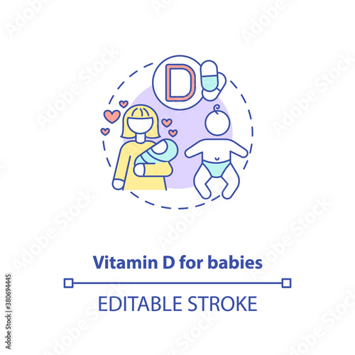 Vitamin D for babies concept icon. Needed supplement idea thin line illustration. Baby daily needs. Rickets risk. Formula-fed newborns. Vector isolated outline RGB color drawing. Editable stroke