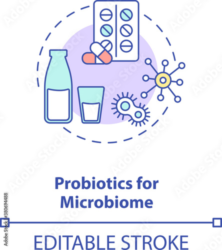 Probiotics for microbiome concept icon. Needed supplement idea thin line illustration. Gut microbiota. Intestinal and systemic diseases. Vector isolated outline RGB color drawing. Editable stroke