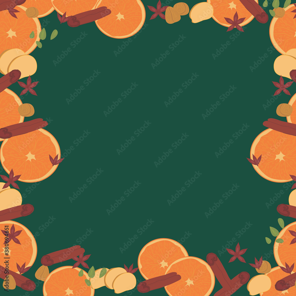 frame for advertising and congratulations with spices and orange slices. spicy ornament: anise, cardamom, cinnamon, ginger, nutmeg. New Year card. print for napkins and party packaging. vector