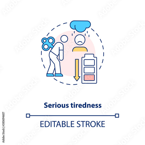 Serious tiredness concept icon. Vitamin shortages symptom idea thin line illustration. Vitamin B12 deficiency. Energy boosting supplements. Vector isolated outline RGB color drawing. Editable stroke