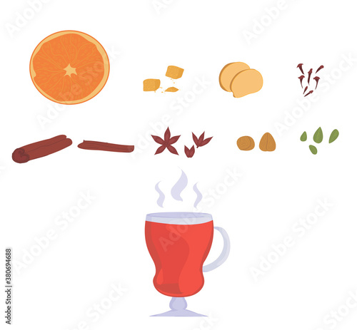 set for mulled wine. glass of mulled wine. recipe for making a hot drink from wine with spices. doodles isolates. poster for cafe and restaurant menu. winter and autumn season. vector