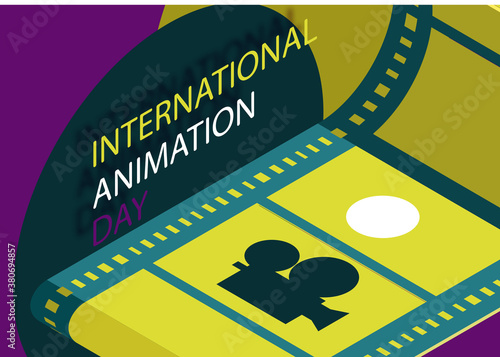 Greeting card for the international animation day. The image  and film isometry in bright colors and the camera icon. EPS10, great for greeting cards, banners, invitations, flyers