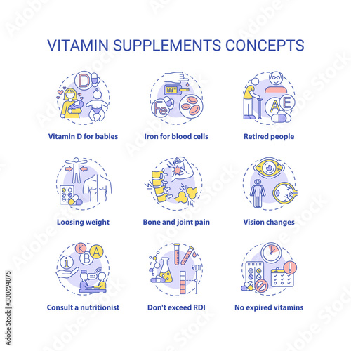 Vitamin supplements concept icons set. Benefits, consumption tips idea thin line RGB color illustrations. Vitamin D for babies. Iron for blood cells. Vector isolated outline drawings. Editable stroke
