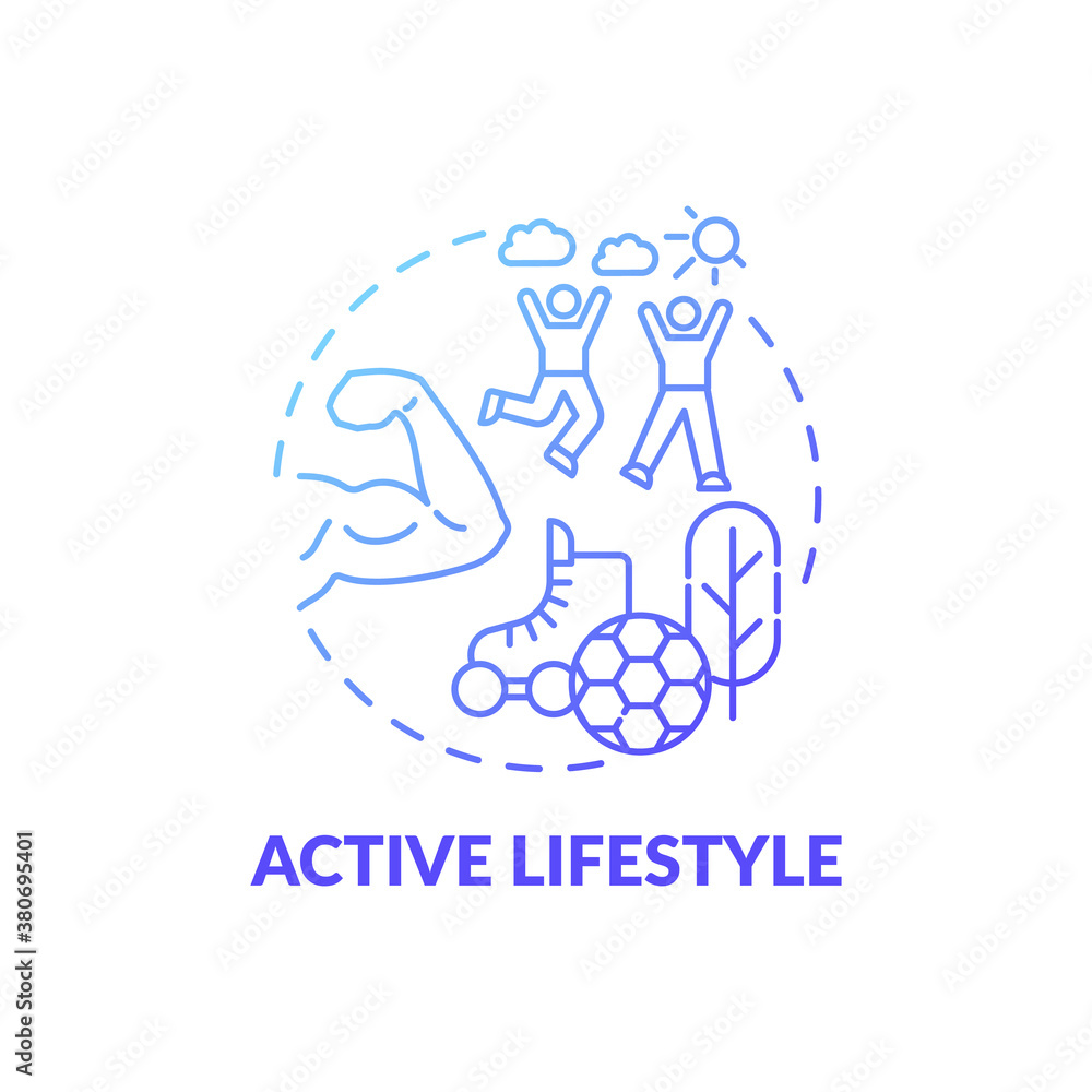 Active lifestyle blue gradient concept icon. Exercise routine. Healthy living. Workout for body care. Brain health idea thin line illustration. Vector isolated outline RGB color drawing Active lifestyle blue gradient concept icon. Exercise routine. Healthy living. Workout for body care. Brain health idea thin line illustration. Vector isolated outline RGB color drawing