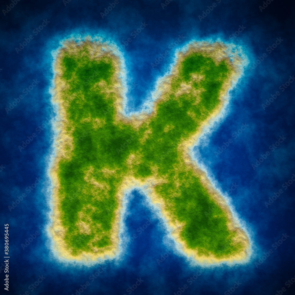 Detailed Illustration of a Green Island in the sea as letter K Detailed Illustration of a Green Island in the sea as letter K
