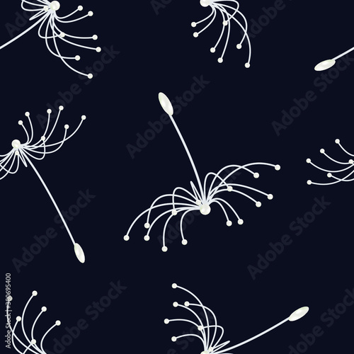 Vector illustration with white dandelion seeds. Floral background. Dandelion fluff silhouette. Beautiful nature backdrop.Seamless pattern for fabric design, print for textile, packaging, scrapbooking.