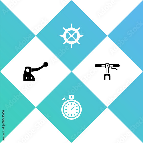 Set Bicycle brake, Stopwatch, sprocket crank and handlebar icon. Vector.