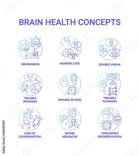 Brain health blue gradient concept icons set. Drowsiness from lack of sleep. Memory loss. Double vision. Health care idea thin line RGB color illustrations. Vector isolated outline drawings