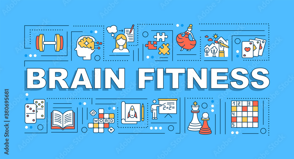 Brain fitness word concepts banner. Mental training and memory improvement techniques. Infographics with linear icons on blue background. Isolated typography. Vector outline RGB color illustration