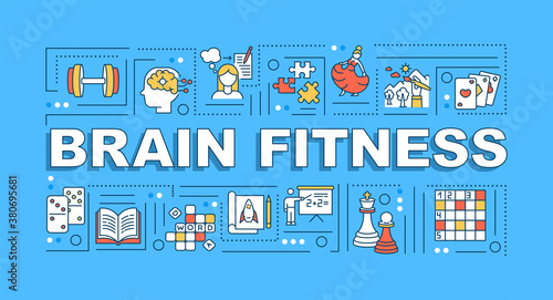Brain fitness word concepts banner. Mental training and memory improvement techniques. Infographics with linear icons on blue background. Isolated typography. Vector outline RGB color illustration