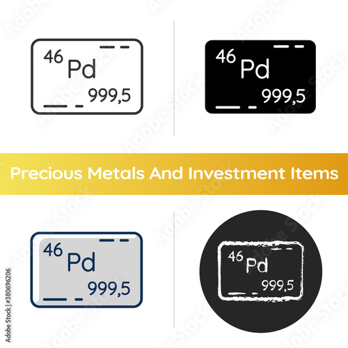 Palladium icon. Precious metal. Bullion for deposit. Investment asset. Commodity value. Atomic number of element. Savings for wealth. Linear black and RGB color styles. Isolated vector illustrations