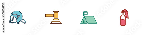 Set Police helmet, Judge gavel, Protest camp and Cocktail molotov icon. Vector.