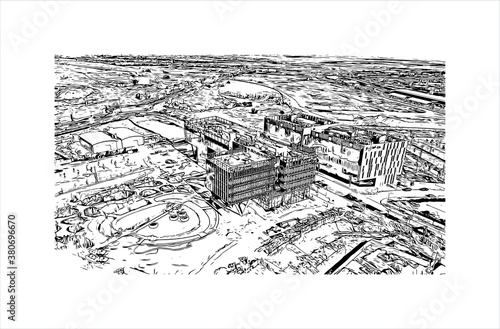 Building view with landmark of Beersheba is the largest city in the Negev desert of southern Israel. Hand drawn sketch illustration in vector.