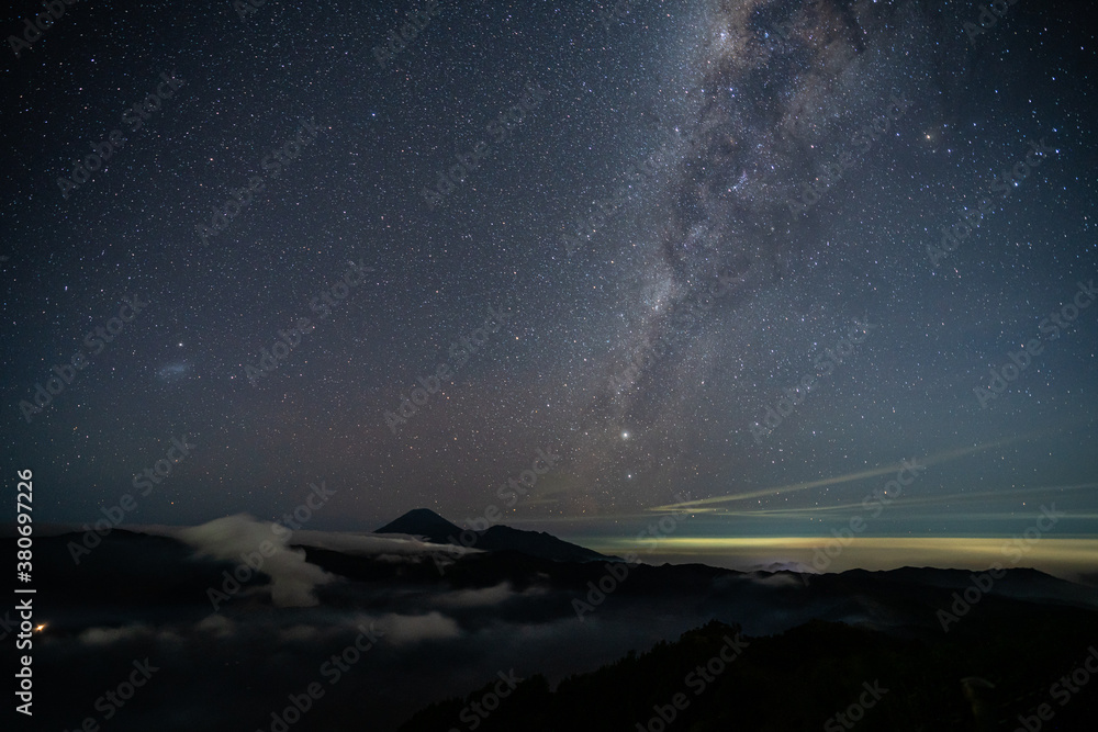 Star and Milky way over Bromo active volcano in Bromo Tengger Semeru National Park,  East Java, Indonesia