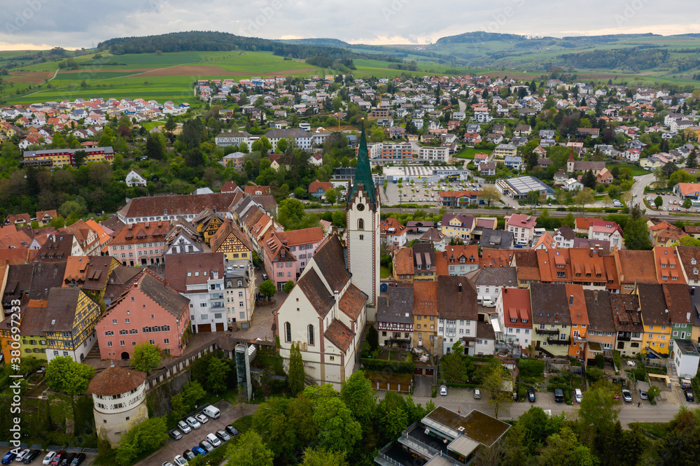 Aerial view of the old town district in Engen, Germany, with the Maria Himmelfahrt Church in the center (Virgin Mary's Ascension)