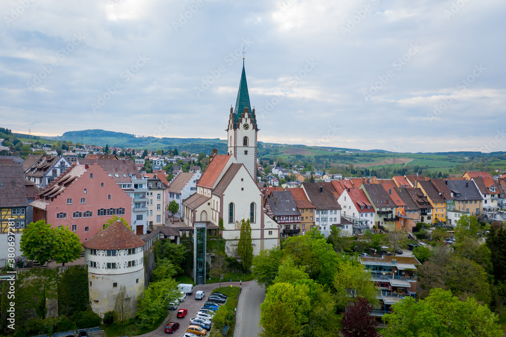 Aerial view of the old town district in Engen, Germany, with the Maria Himmelfahrt Church in the center (Virgin Mary's Ascension)