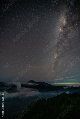 Star and Milky way over Bromo active volcano in Bromo Tengger Semeru National Park   East Java  Indonesia