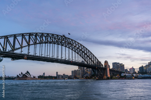 Sydney harbor bridge with Sydney CBD downtown skyline at sunset, Sydney, New South Wales, Australia © kanonsky