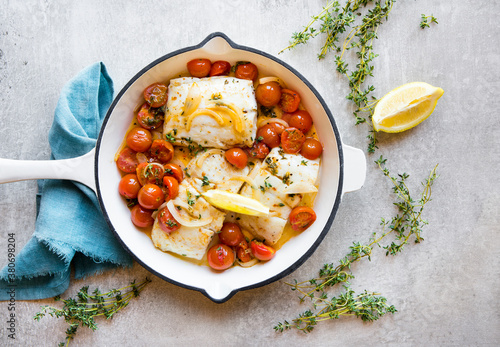 Pan Roasted Fish Fillets with burst tomatoes photo