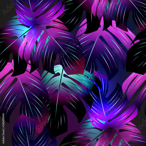 Neon tropical abstract  seamless pattern  with  palm leaves.Summer night vector illustration.