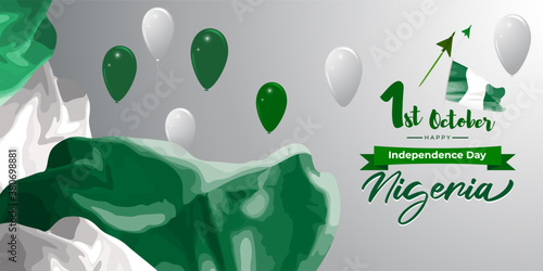 Vector illustration of Nigeria independence day, 1st october, boy running with nigeria flag in hand, birds, freedom, greeting card banner, poster.