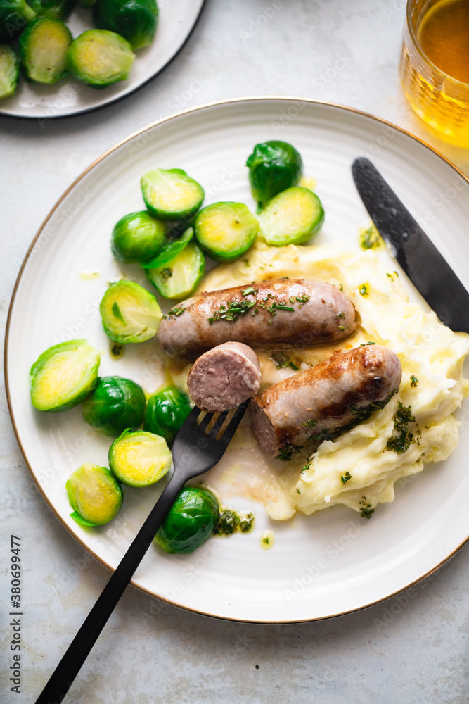 Sausages with mashed potatoes and roasted brussels sprouts Sausages with mashed potatoes and roasted brussels sprouts