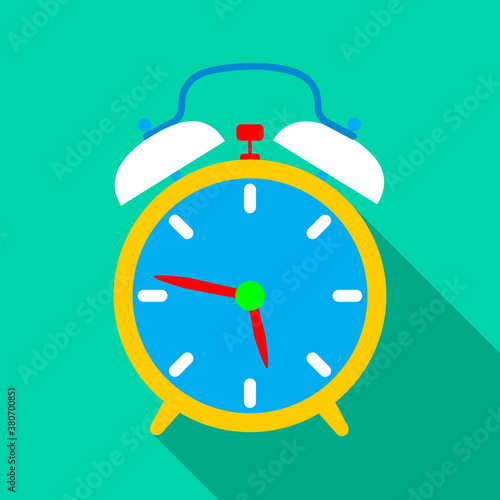 Alarm clock icon with long shadow. Flat design style. Simple icon. Modern flat icon in stylish colors.