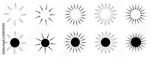 Set of silhuette Sun stars burst starburst sunbeam sunshine sunshine element decoration, abstract background texture wallpaper pattern seamless vector illustration graphic design 