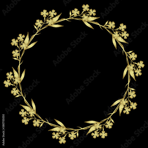 Round floral decor or frame. Golden wreath on black background. Hesperis Alba flower. Dame's Rocket. Sweet Rocket.