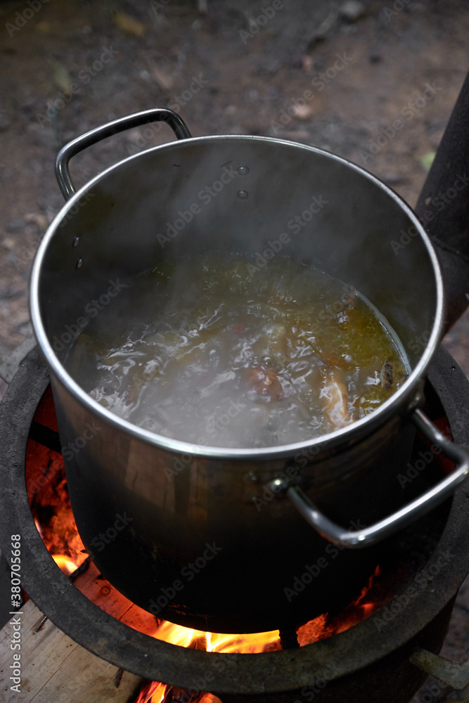 Fresh Matsutake Chicken Soup on Outdoor Picnic Party Fresh Matsutake Chicken Soup on Outdoor Picnic Party