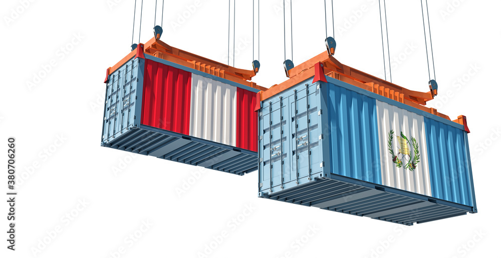 Freight containers with Guatemala and Peru national flags. 3D Rendering 