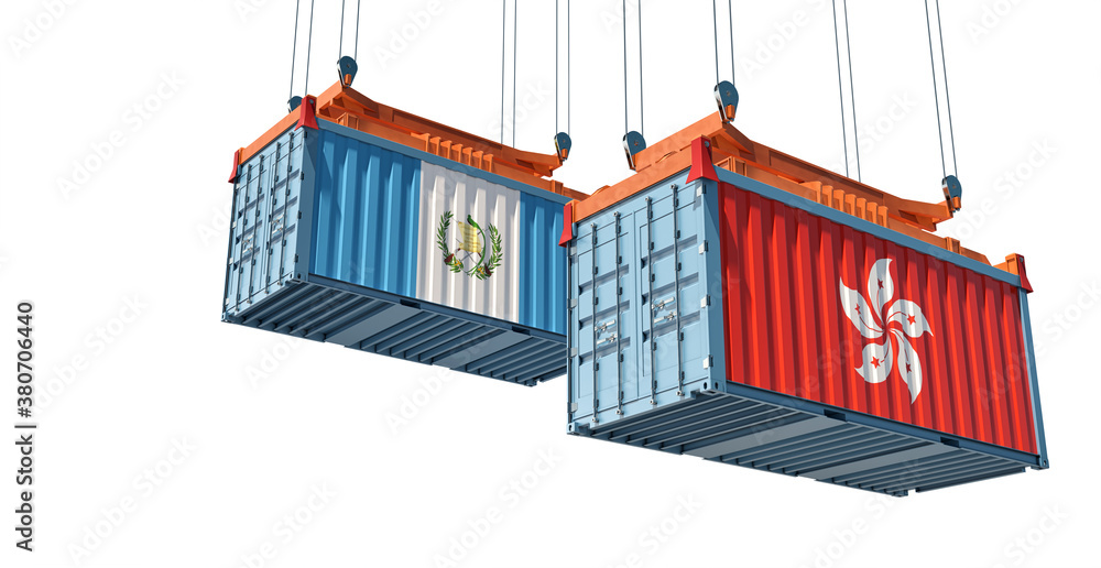 Freight containers with Guatemala and Hong Kong flag. 3D Rendering 