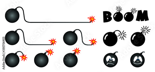 Bom icon in flat vector design. Vector illustration. Bomb with burning wick. Deadline sign. Cartoon bomb on fire, ready to explode, explosion. Boom.. Time clock.