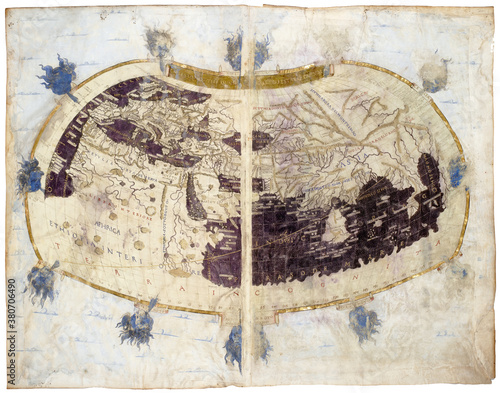 World map from rare medieval book Geography by Claudius Ptolemy published in 1480. photo