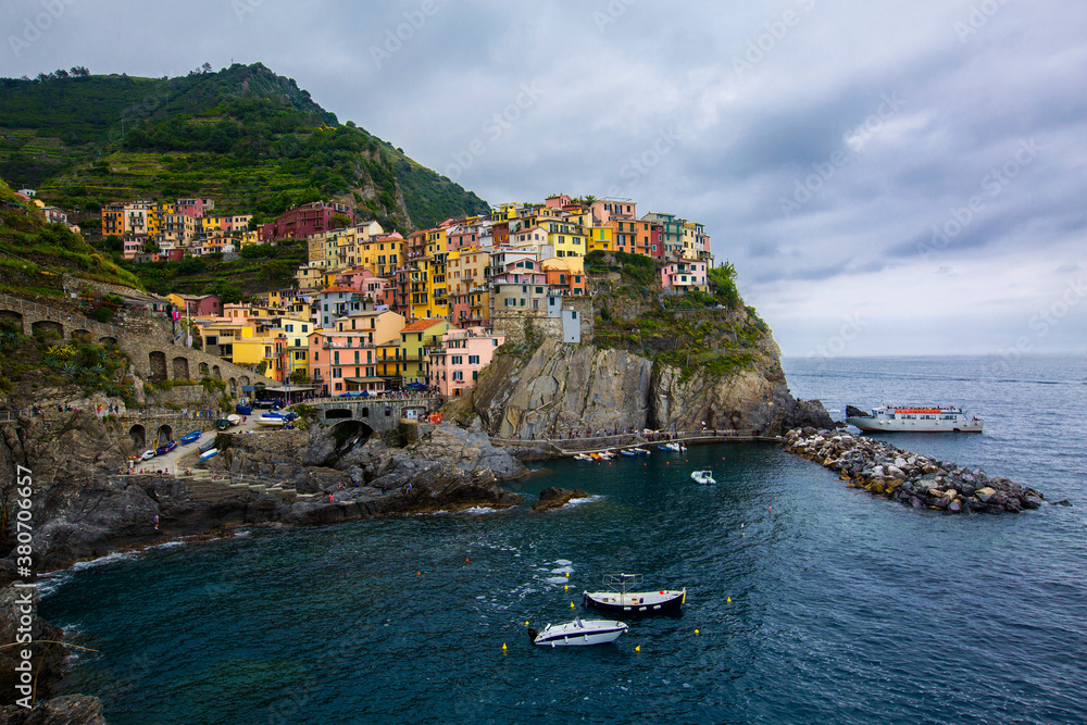 View of Manarola, one of five ancient, picturesque villages that make up Italy's Cinque Terre on the rugged Ligurian coast
