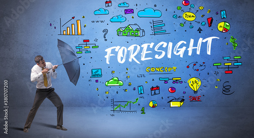 Determined businessman hiding behind umbrella with FORESIGHT inscription  new business concept