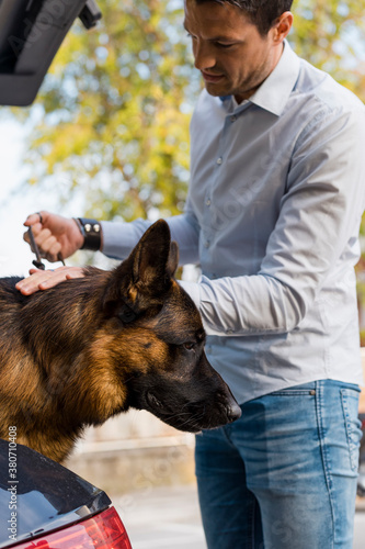 Man walking outdoor with his cute german shepherd dog photo