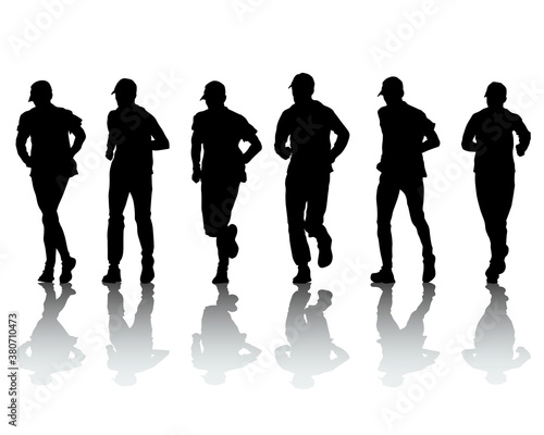 Young athletes run a marathon. Isolated silhouettes on white background