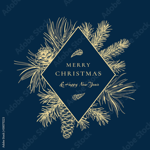 Сhristmas abstract card with rhombus frame. Botanical illustration with coniferous. Vector winter card. Classic blue background and golden pattern.