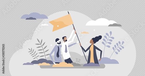 Teamwork as business partnership team with female help tiny persons concept