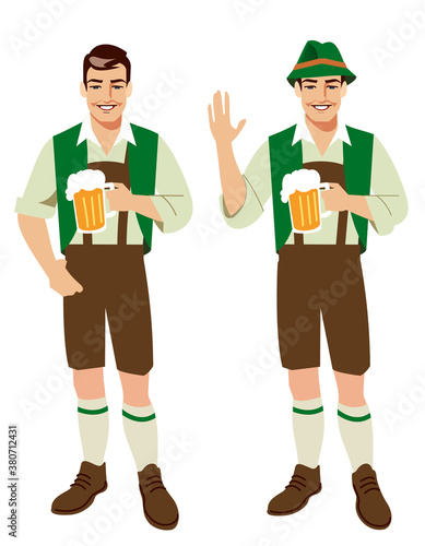 Oktoberfest two male characters - German type of men, in Tyrolean costume drinking beer. Oktoberfest characters beer fest.