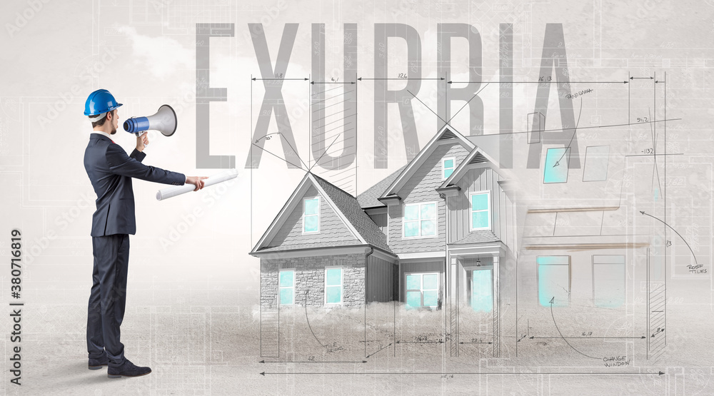 Young engineer holding blueprint with EXURBIA inscription, house planning concept Young engineer holding blueprint with EXURBIA inscription, house planning concept