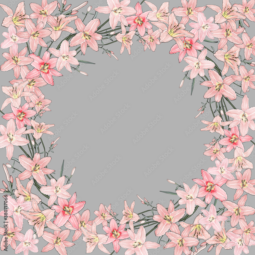 Floral frame with light pink lilies on gray background. Design for your wedding, birthday, saving the date card. For greeting card decoration. Vector.