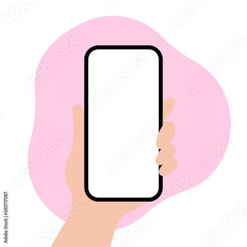 Hand holding a phone on a pink background