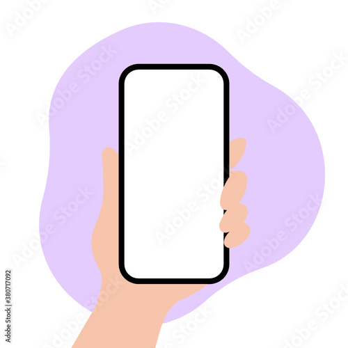 Hand holding a phone on a purple background
