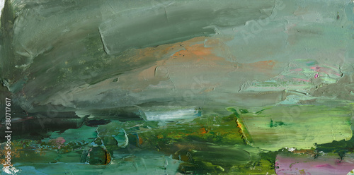 Hand drawn abstract landscape painting. Modern Oil painting. Artistic background. Paint on canvas. Fragment of artwork.